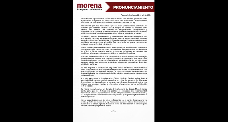 MORENA NO DESCARTA QUE SEAN FUNCIONARIOS SUYOS LOS QUE ASALTARON A NONAGENARIA EN EL CENTRO DE AGS Y PIDE QUE NO LOS HOSTIGUEN  