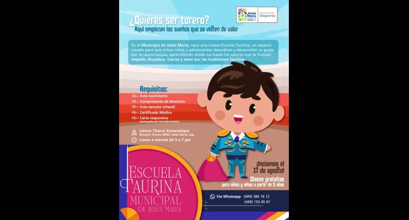 NACE EN JESÚS MARÍA, AGS,  LA ESCUELA TAURINA MUNICIPAL; LAS CLASES SERÁN GRATUITAS