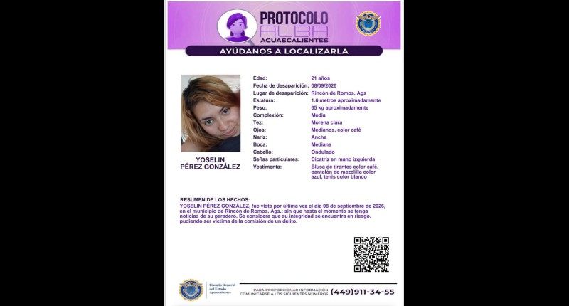 SE BUSCA A YOSELIN DESDE EL 8 DE SEPTIEMBRE EN RINCÓN DE ROMOS, AGS